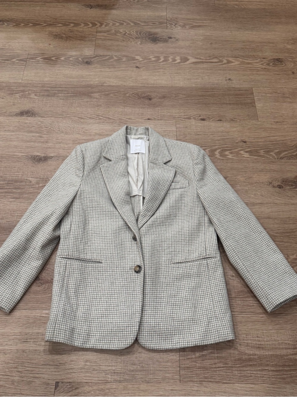 Mango MNG Style 80482 Wool Blend Houndstooth Blazer Gray Taupe Size M